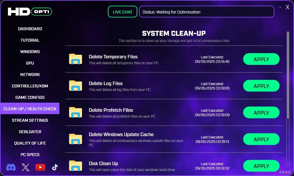 Clean Up / Health Check Section