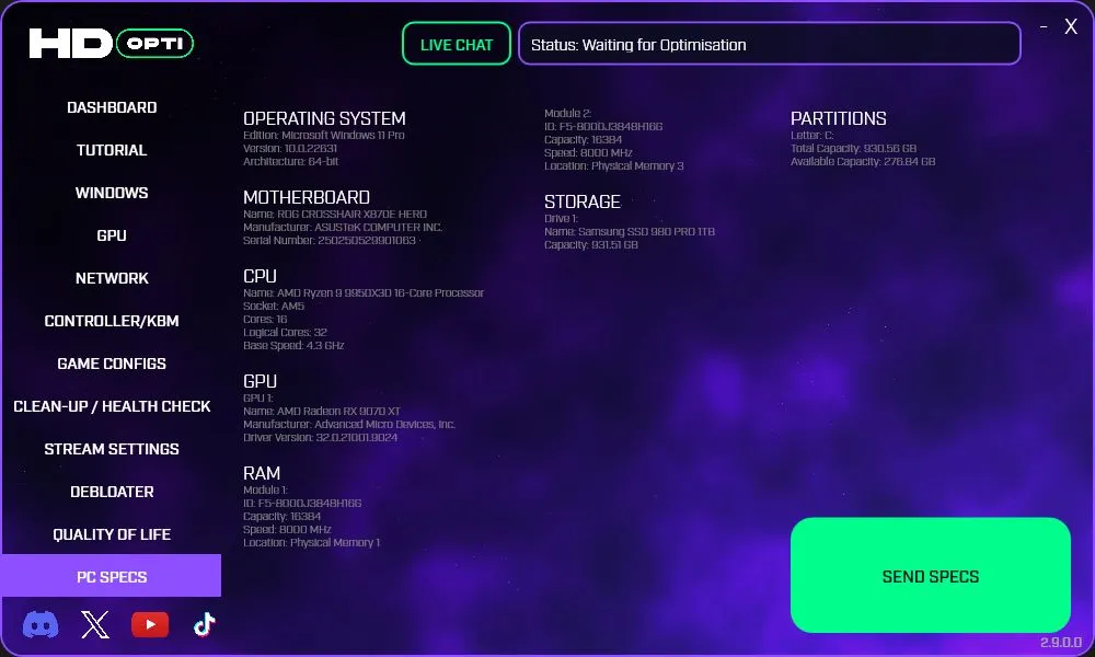 PC Specs / Benchmark Section