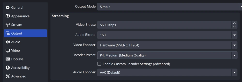 OBS output settings showing 5600 Kbps, NVENC H.264 and P4 Medium preset