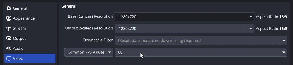 OBS video settings showing 1280x720 canvas and output at 60 FPS