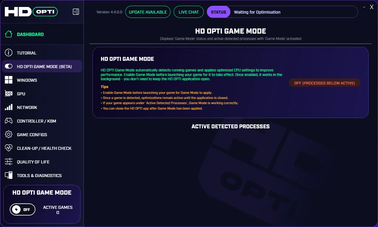 HD OPTI Game Mode off before monitoring begins