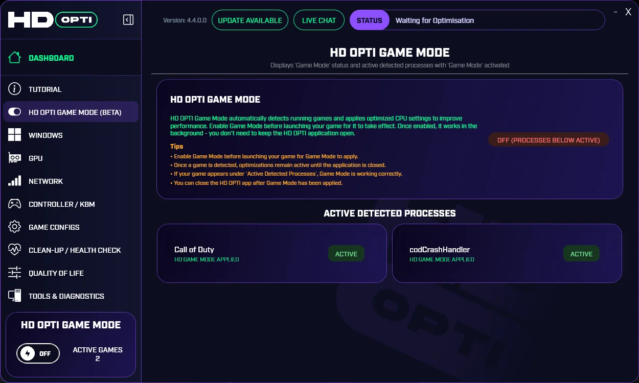 HD OPTI Game Mode switched off while previously detected processes remain active