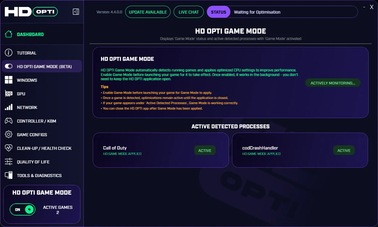 HD OPTI showing active detected processes with Game Mode applied