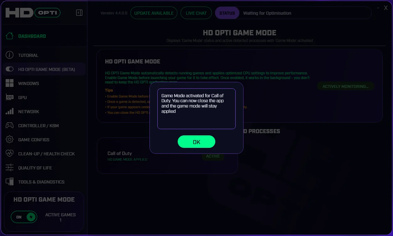 HD OPTI popup confirming Game Mode activation for a detected game